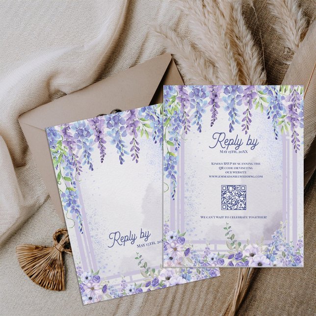Code QR de réponse de mariage à l'arche florale de (Lavender Wisteria Floral Arch QR Code Wedding RSVP Card | Purple Garden Wedding Response Card)
