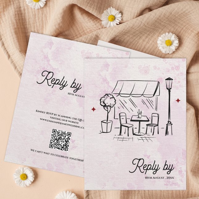 Code QR de réponse de mariage de croquis de café r (Romantic Café Sketch QR Code Wedding Reply By RSVP Card)