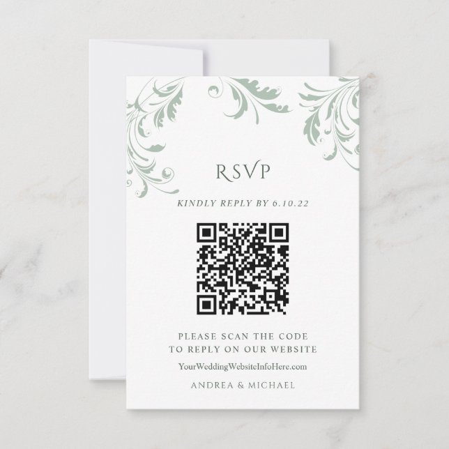 Code QR de réponse de mariage élégant vert sauge e (Devant)