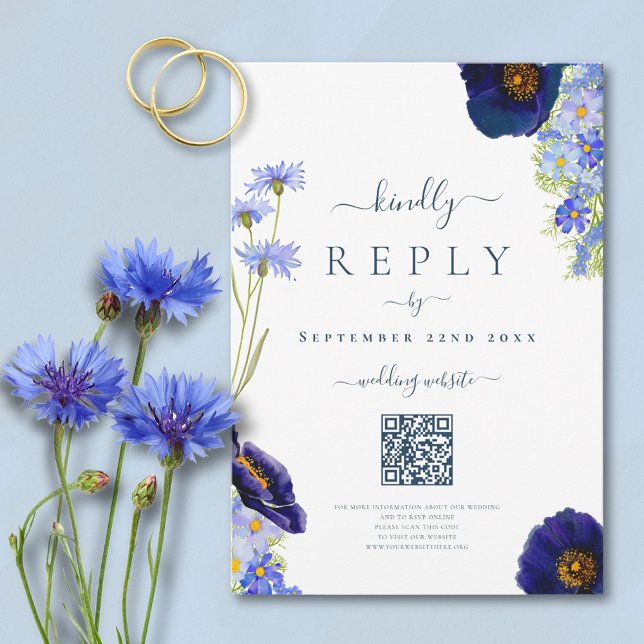 Code QR de réponse de mariage floral bleu élégant (Elegant stylish blue summer floral QR code wedding reply card with watercolor wildflower artwork)