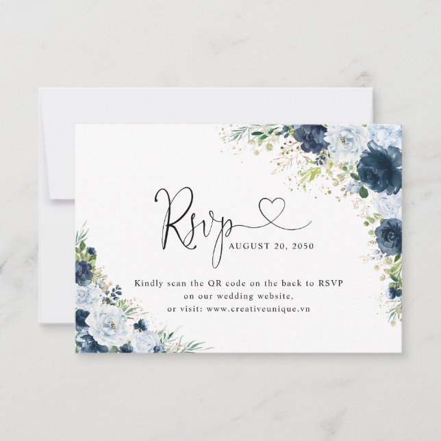 Code QR de réponse de mariage floral Navy Bleu  (Devant)
