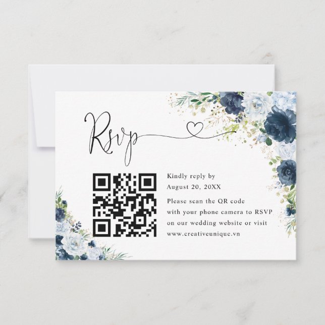 Code QR de réponse de mariage floral Navy bleu  (Devant)