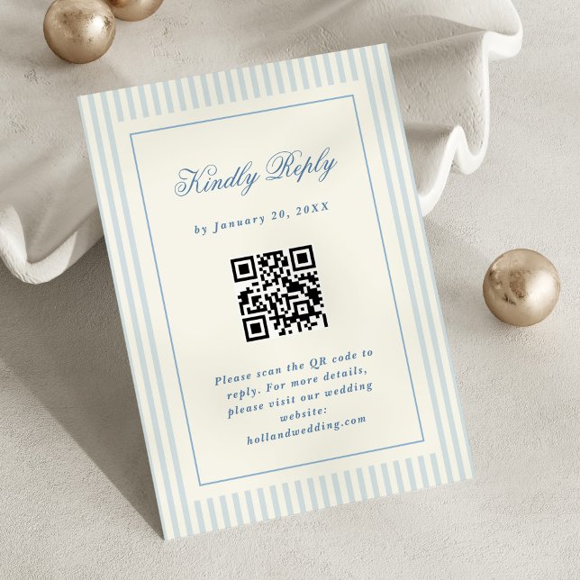 Code QR de réponse en ligne à rayures bleues class (classic blue stripes RSVP online card with QR code)