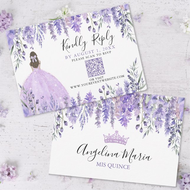 Code QR de réponse pour Quinceanera aux fleurs de  (Purple Lavender Floral Quinceanera QR Code RSVP)