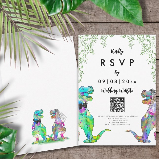 Code QR de réponse pour un mariage sur le thème de (T-Rex bride and groom colorful dinosaur wedding invitation RSVP enclosure card with website QR code)