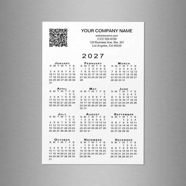 Code QR d'entreprise personnalisé Calendrier 2027  (Custom Business QR Code 2027 Calendar Magnet in situ)