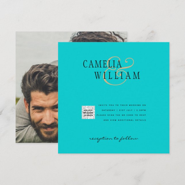 Code QR d'invitation de mariage avec photo turquoi (Devant / Derrière)