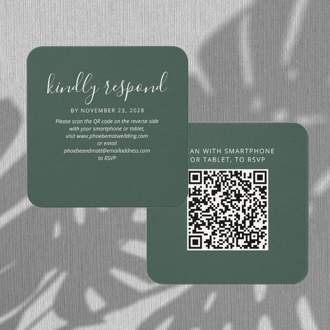 Code QR élégant RSVP et carte de site Web Mariage (Wedding RSVP QR Code Enclosure Rounded Corner Green Card)