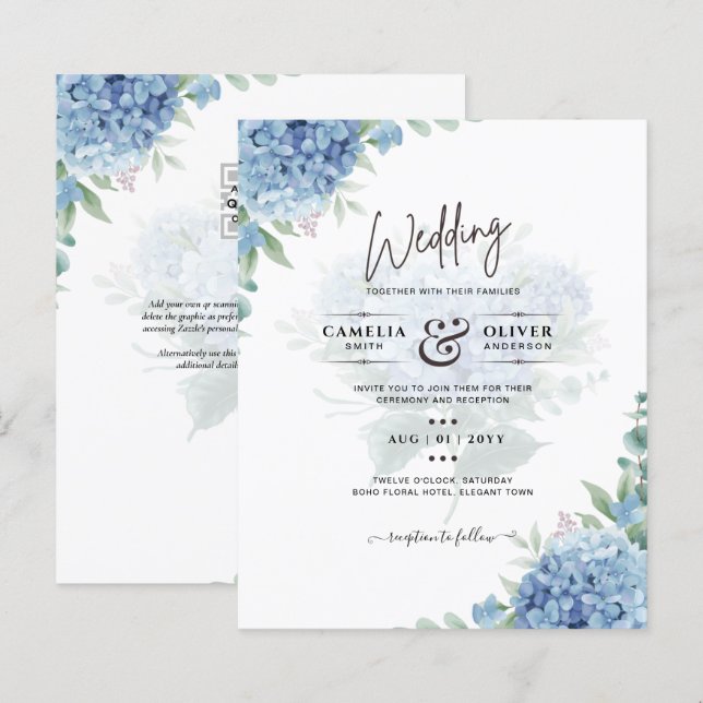 Code QR Faire-part de mariage Blue Hydrangea (Devant / Derrière)