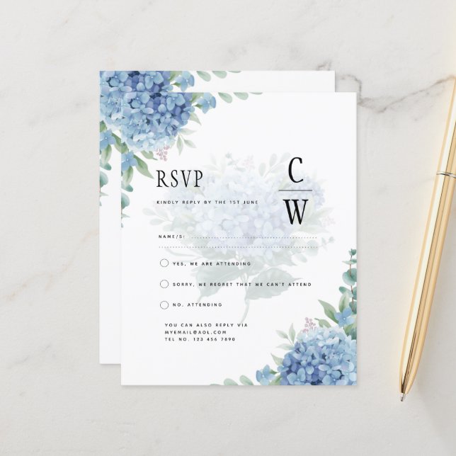 Code QR Faire-part de mariage Blue Hydrangea (Devant/Arrière en situation)