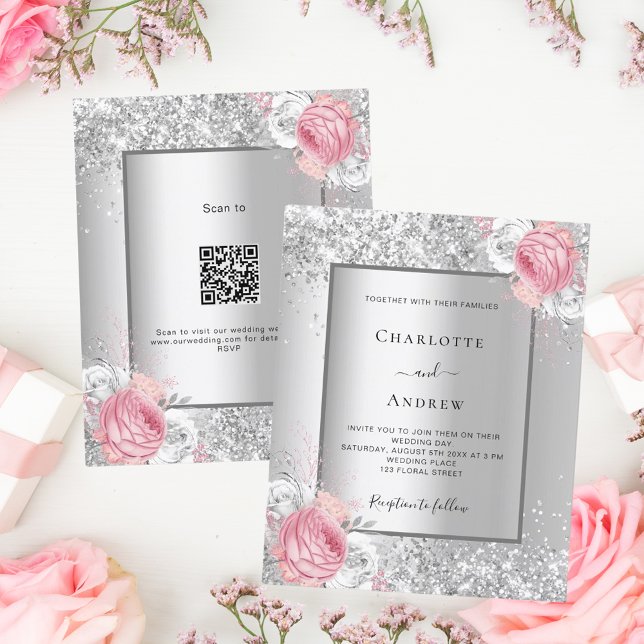 Code QR floral rose argenté RSVP faire-part de mar (Créateur téléchargé)