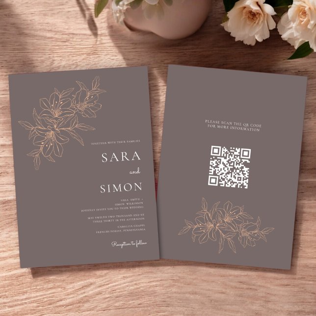 Code qr moderne pêche rustique floral Invitation (modern rustic peach floral wedding invitation with qr code for your wedding website )