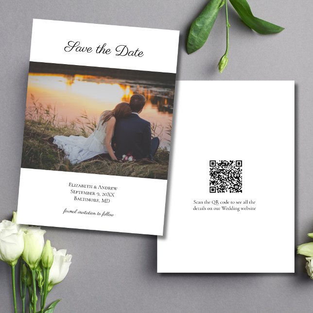 Code QR photo Carte de sauvegarde de mariage  (Photo QR Code Modern Elegant Wedding Save the Date Card)