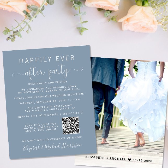 Code QR Photo Dusty Blue Wedding Invitation de réc (Your love story deserves a grand celebration!)