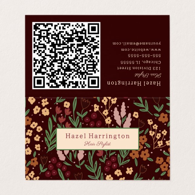 Code QR plié Carte de visite Floral Burgandy (Extérieur déplié)