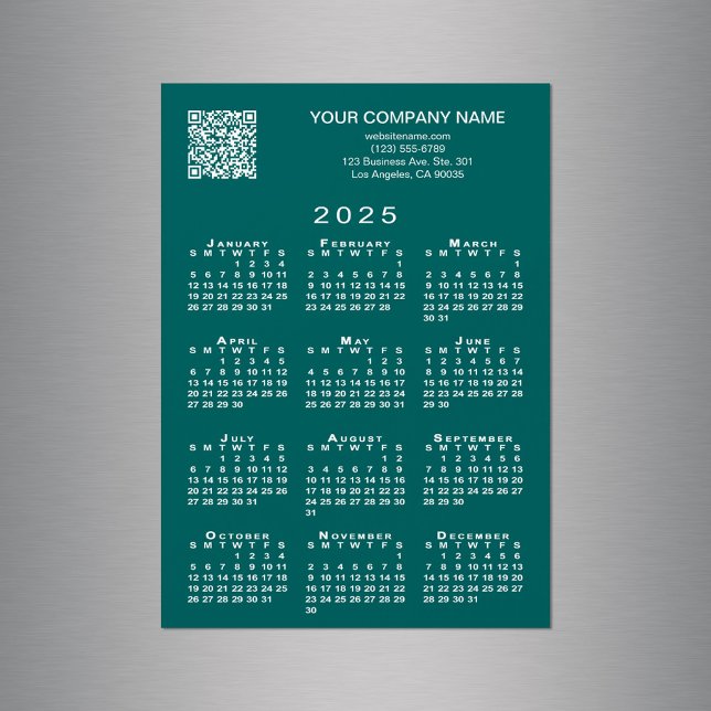 Code QR professionnel personnalisé 2025 Calendrier (Custom Business QR Code 2025 Calendar Teal Magnet in situ)
