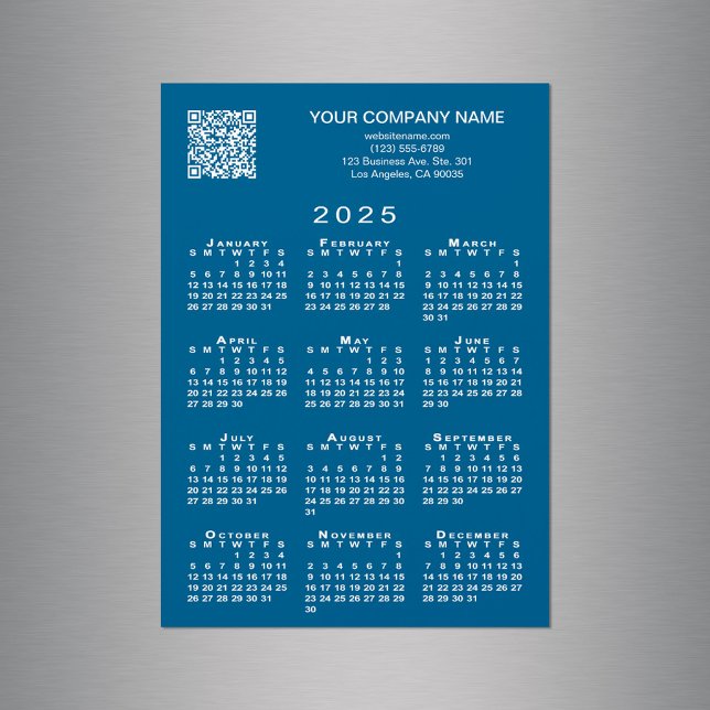 Code QR professionnel personnalisé 2025 Calendrier (Custom Business QR Code 2025 Calendar Blue Magnet in situ)