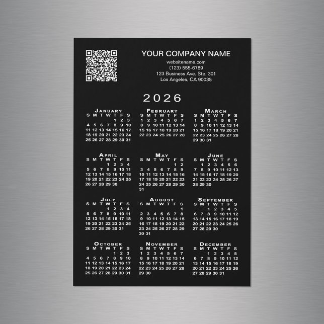 Code QR professionnel personnalisé 2026 Calendrier (Custom Business QR Code 2026 Calendar Black Magnet in situ)