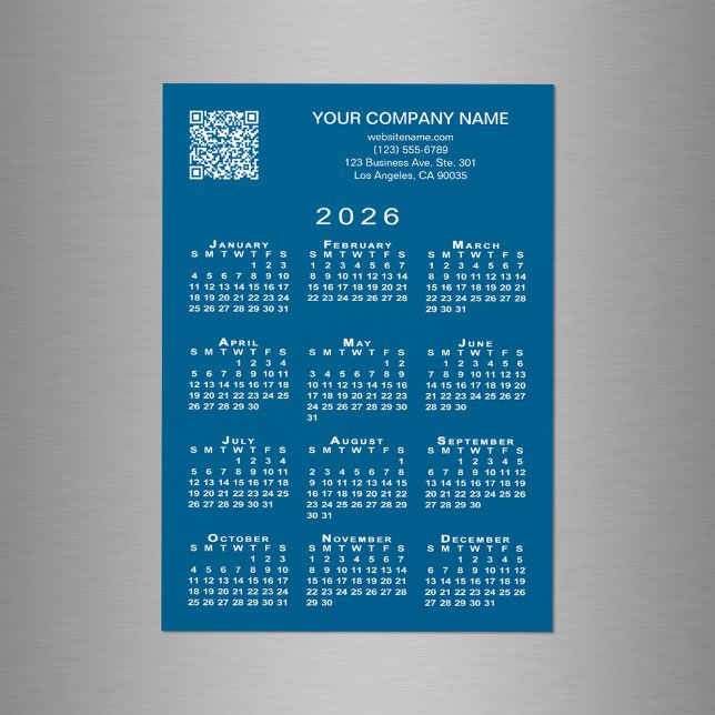 Code QR professionnel personnalisé 2026 Calendrier (Custom Business QR Code 2026 Calendar Blue Magnet in situ)