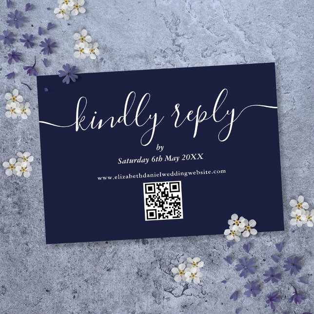 Code QR Réponse souhaitée Bleu marine Mariage (QR Code Script Kindly Reply Navy Blue Wedding RSVP Card)