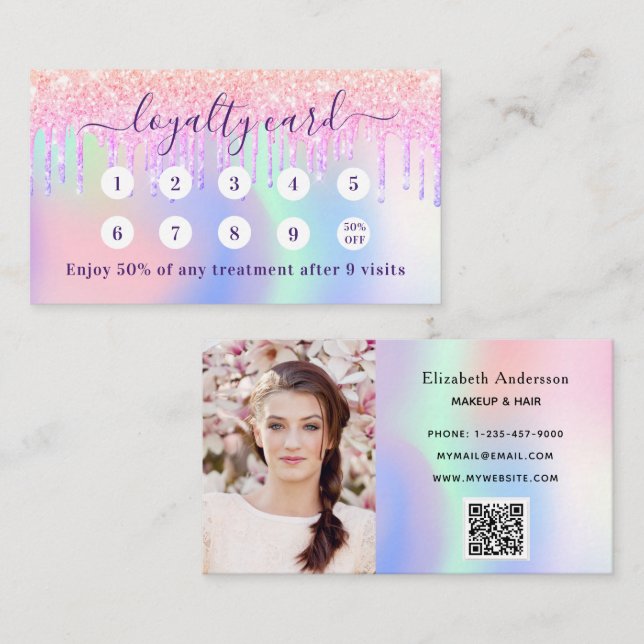 Code qr rose holographique carte de fidélité photo (Devant / Derrière)