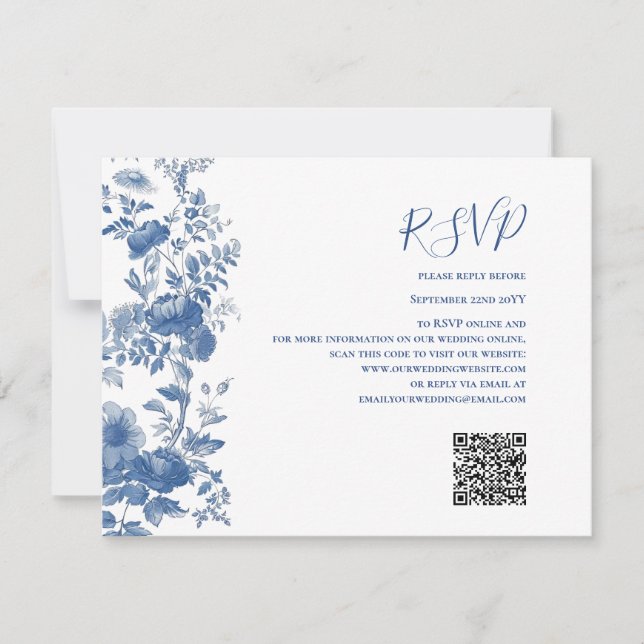 Code QR RSVP Mariage Floral Toile Bleu Français  (Devant)