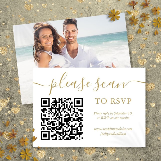 Code QR RSVP Simple Écriture Or Photo (RSVP QR Code Simple Gold Script Photo)