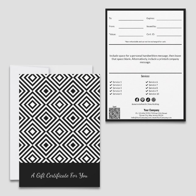 Code QR Service Note Blanc Noir Certificat Cadeau (QR Code Service Note Black White Gift Certificate: Personal Note, Tracking, List, Social Media)
