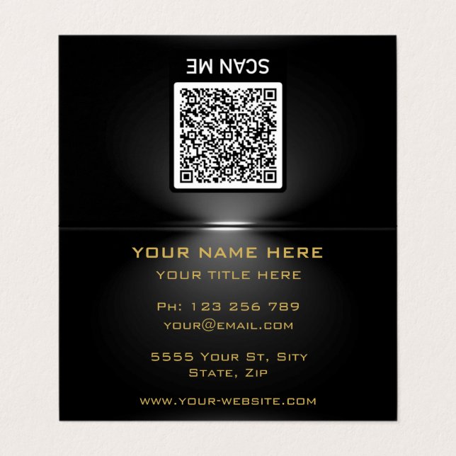 Code QR sous Spotlight Black Gold Carte de visite (Extérieur déplié)