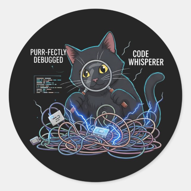 Code Whisperer Developer Cat Round Black Stickers (Devant)