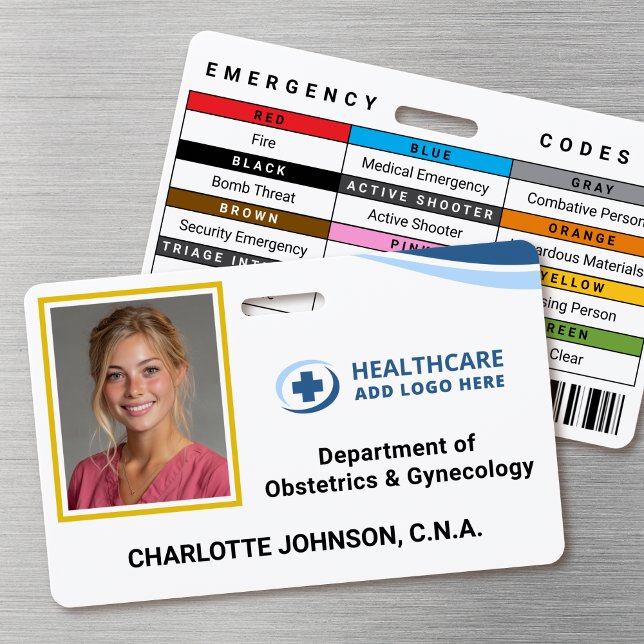 Codes de couleurs personnalisés Badge photo d'iden (Double-sided photo ID badge with custom emergency codes and barcode image)