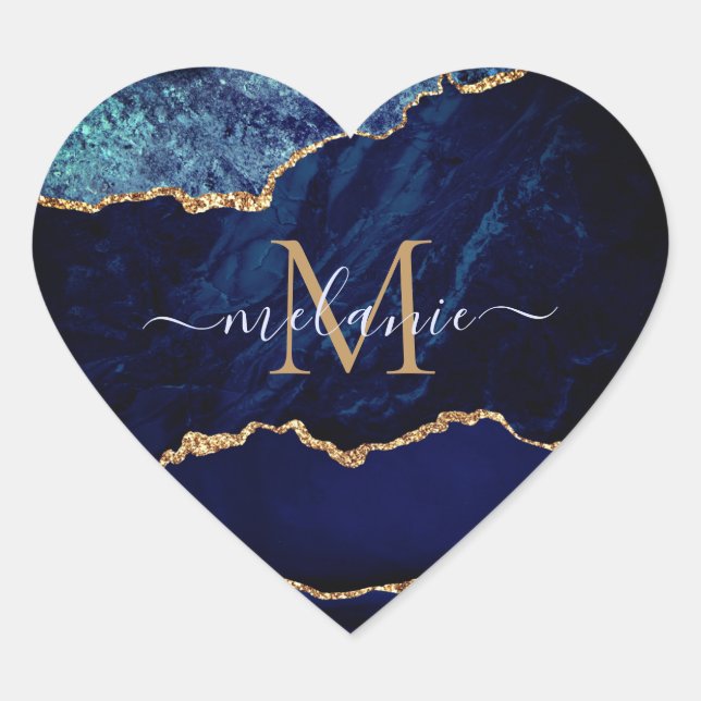 Cœur Agate Navy Blue Gold Marble Nom Lettre Sticker (Devant)