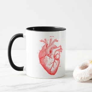 Coeur anatomique rouge Vintage Art blanc Mug noir
