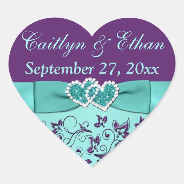 Cœur Aqua, Floral Violet, Coeurs Mariage Favor Sticker (Devant)