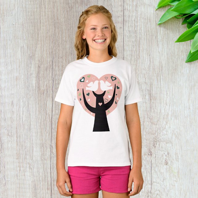 Coeur Arbre Avec Deux Oiseaux Filles T-shirt (Créateur téléchargé)