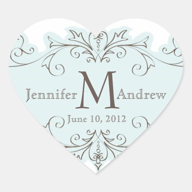 Cœur Balayage bleu Monogramme Mariage Favoriser Sticker (Devant)