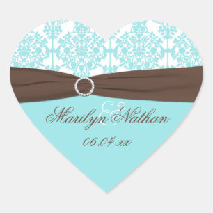 Cœur Bleu Aqua, Brown, Sticker Mariage damassé Blanc