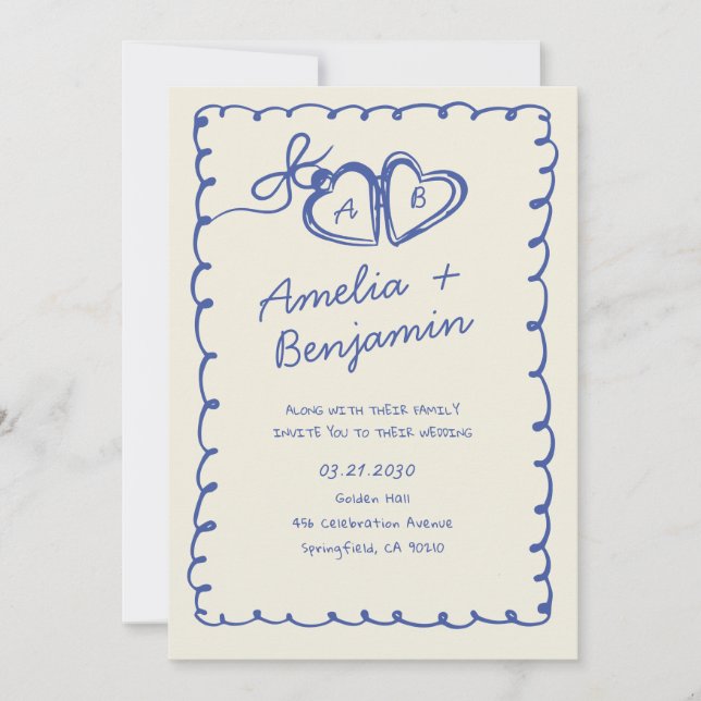 Cœur bleu dessiné à la main Invitation de mariage  (Devant)