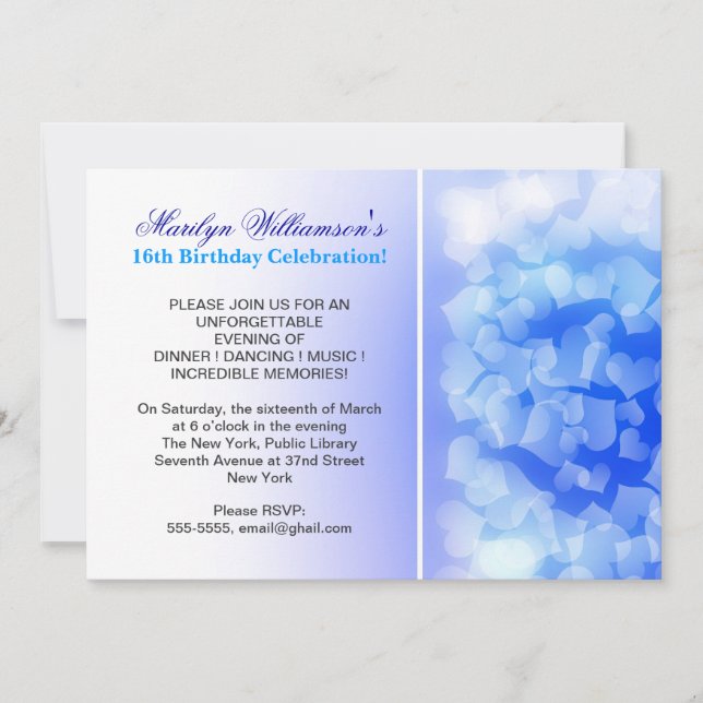 coeur bleu doux moderne invitations 16 anniversair (Devant)