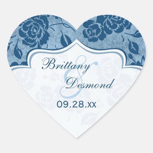 Cœur Bleu Duché, Blanc Floral Mariage Favoriser Sticker (Devant)