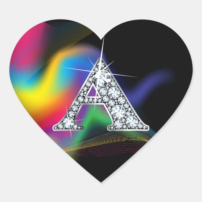 Cœur Bling "A" en diamant sur Sticker en arc-en-ciel (Devant)