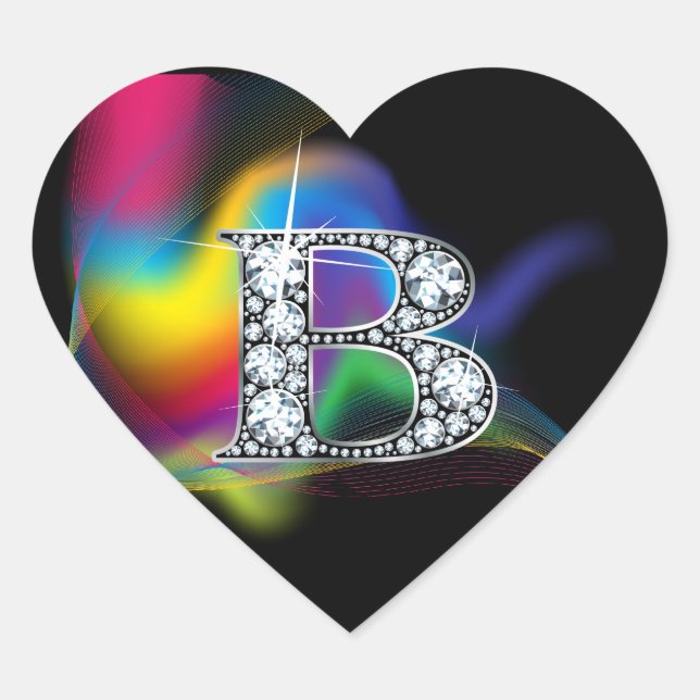 Cœur Bling "B" en diamant sur Sticker en arc-en-ciel (Devant)
