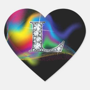 Cœur Bling diamant "L" sur Sticker Coeur arc-en-ciel