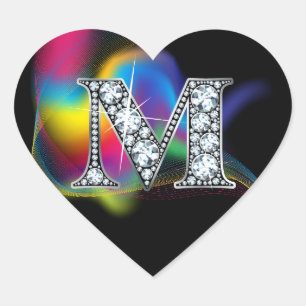 Cœur Bling diamant "M" sur Sticker Coeur arc-en-ciel