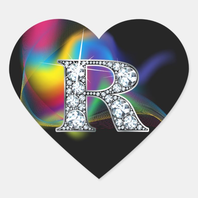 Cœur Bling diamant "R" sur Sticker Coeur arc-en-ciel (Devant)