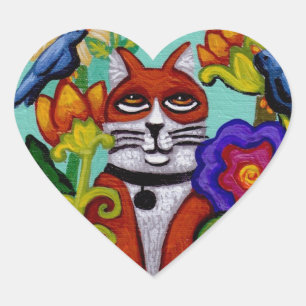 Cœur Chat et quatre oiseaux Sticker Coeur