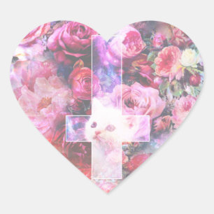 Cœur Chat rose et Sticker en forme de coeur inversé
