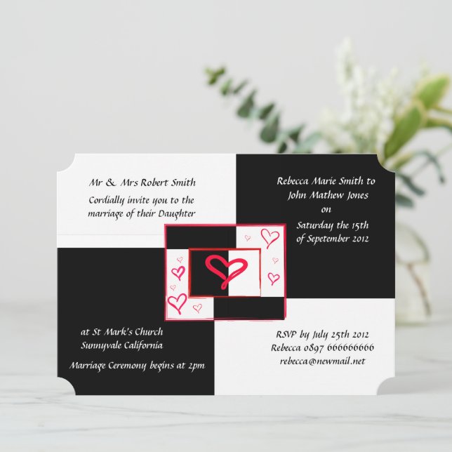 Coeur d'amour élégant noir blanc invitations de ma (Debout devant)