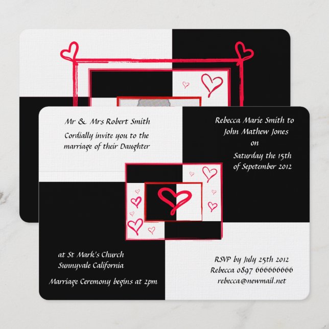 Coeur d'amour moderne noir blanc invitations de ma (Devant / Derrière)