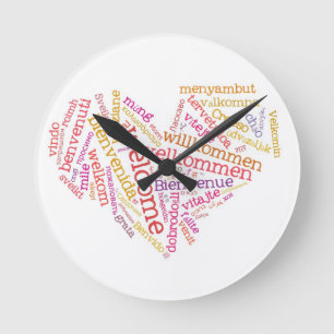 Coeur de bienvenue (plusieurs langues) Horloge mur